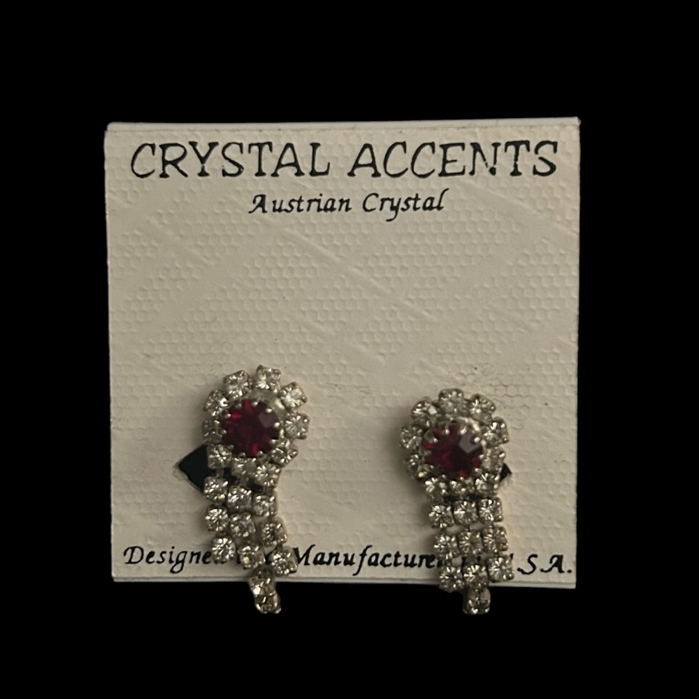 Ruby Red Jewel Diamond Dangle Clip-On Earrings